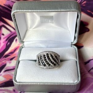 Sterling Silver 925 Black & White Cubic Zirconia Ring Zebra Stripes Cocktail
